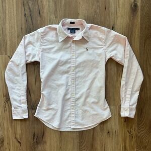 Ralph Lauren Slim Fit Button Down Shirt Pink White Striped Long Sleeve Size 4